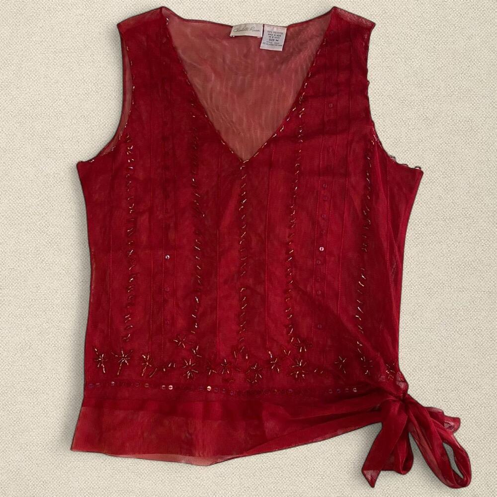 Charlotte Russe Y2K Mesh Beaded Sleeveless Blouse w Side Tie sz M